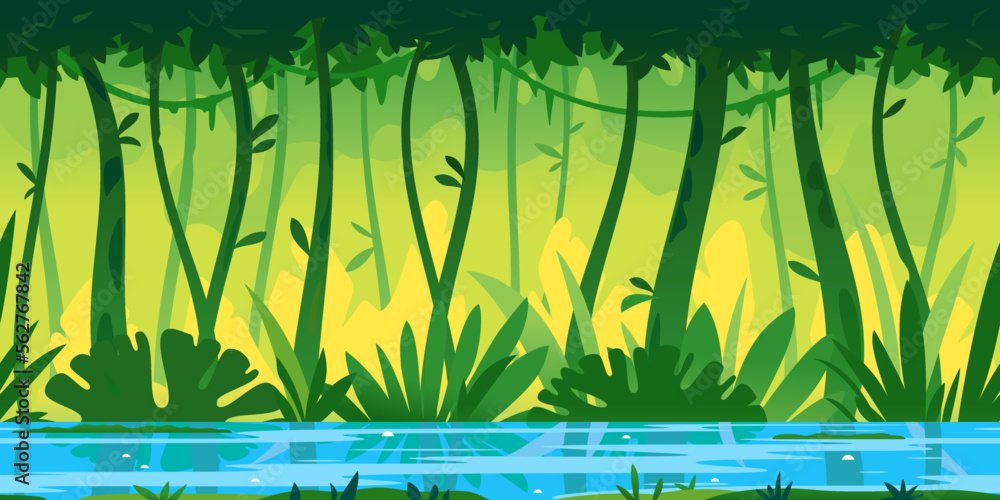 River flows through the jungle around different plants and trees with ...