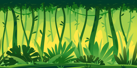 Wall Mural - Wild jungle forest with trees, bushes and lianas, nature with green jungle foliage and lianas on tree crowns game background tillable horizontally, danger place with tropical plants