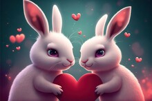 Cute Bunnies In Love With A Heart Valentine's Day Illustration Generative Ai