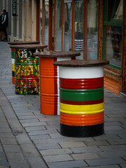 colorful tables drum in the street at Old Town Bratislava, Slovakia