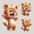 Cute cub tiger, cartoon animal cub character, kawaii mascot roar, think, playing, smile and waving paws. Isolated on background. Cartoon vector illustration