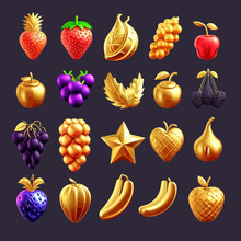Gold Game Fruits Isolated Icons For Casino Slot Machine. Isolated On Background. Cartoon Vector Illustration