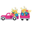 © NATALIIA TOSUN - Print Art Vector illustration. Cute pink truck car with flowers.