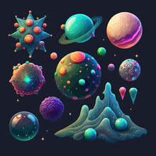 Set Of Fantastic Alien Planets, Cartoon Asteroids, Galaxy Ui Game Cosmic World Objects, Space Design Elements. Isolated On Background. Cartoon Vector Illustration