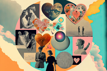 Generative AI illustration of a colorful poster or collage in vintage and modern style with people and various characters representing the relationships between people. Artwork and illustration