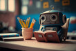Little cute robot sits at a school lesson at a desk, does homework, cartoon style, schoolchild robot, android student, technological progress, created by ai, school life and chatgpt concept	