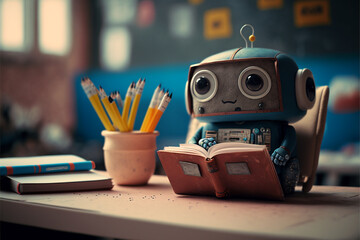 little cute robot sits at a school lesson at a desk, does homework, technological progress, cartoon style, school robot, android student, near future, art created by ai