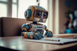 © Art Gallery - Little cute robot sits at a school lesson at a desk, does homework, cartoon style, schoolchild robot, android student, near future, technological progress, art created by ai, school life concept
