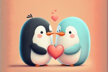 Cute Penguin Couple In Love Valentine's Day Illustration Generative Ai