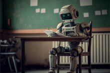 Robot Student Sits At A School Lesson At A Desk, Does Homework, Technological Progress, Cartoon Style, Robot Schoolboy, Android Student, Near Future, Art Created By Ai