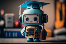 Little Cute Robot Wearing A Turquoise Graduation Cap, Beautiful Big Eyes, Technological Progress, Cartoon Style, Robot Student, Android Child, Near Future, Created By Ai
