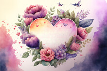 Happy Valentines Day Watercolor Vector Heart With Flowers. Generative AI