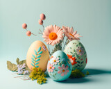 Fototapeta Mapy - colorful easter eggs with flowers, generative ai