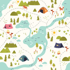 Wall Mural - Cute hand drawn vector seamless pattern with camping doodles, tents, landscape and trails, great for textiles, banners, wallpapers