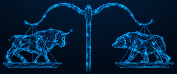 Bull and a bear stand on suspended saucers of scales. Polygonal design of lines and dots. Blue background.