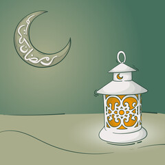 Wall Mural - Cartoon lantern design with crescent moon in background design for ramadan kareem or eid template