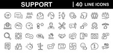 Customer Service And Support Set Of Web Icons In Line Style. Support And Help Icons For Web And Mobile App. Online Assistance, Email, Customer Service, Contact, Help, Helpdesk, Feedback, 24 Hrs
