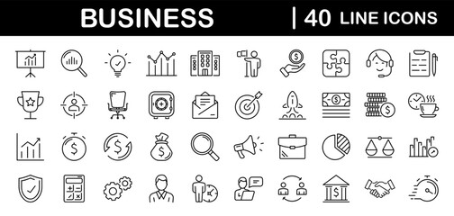 Poster - Business and finance set of web icons in line style. Finance and business. Money, business process, bank, team work, office, payment, strategy, management, accounting, infographic. Vector illustration