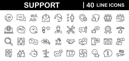 Customer Service and Support set of web icons in line style. Support and Help icons for web and mobile app. Online assistance, email, customer service, contact, help, helpdesk, feedback, 24 hrs