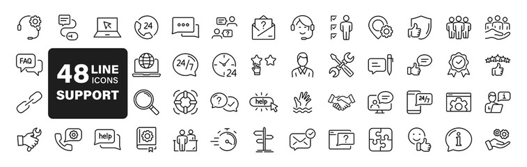 Fototapete - Customer Service and Support set of web icons in line style. Support and Help icons for web and mobile app. Online assistance, email, customer service, contact, help, helpdesk, feedback, 24 hrs