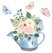 Spring Illustration. Blue Vintage Watering Can With Garden Flowers. Watercolor Botanical Illustration With Transparent Background.