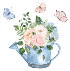 Spring illustration. Blue vintage watering can with garden flowers. Watercolor botanical illustration with transparent background.