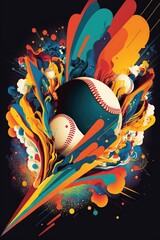  a baseball with colorful paint and splashes on it's back ground, with a black background and a black background with a white ball in the center of the image and a blue. generative ai