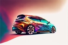  A Colorful Car Is Parked On A White Surface With A Pink And Blue Background And A Red And Yellow Stripe Across The Front Of The Car, And A Pink And Blue Stripe Across The Top. Generative Ai