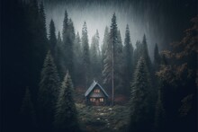  A Cabin In The Middle Of A Forest With A Dark Sky And Fog Behind It, With Trees And A Path Leading To It, And A Cabin In The Middle Of The Woods With A. Generative Ai