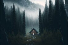  A Cabin In The Middle Of A Forest With Fog And Trees On The Mountain Side And A Foggy Sky Above It, With A Path Leading To A Cabin In The Middle Of The Woods. Generative Ai