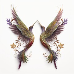  two birds with wings are touching each other's beaks with their beaks open and wings spread wide, with a white background of gold and purple leaves and green leaves and brown. generative ai