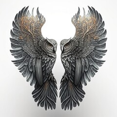  two large black and gold owls with wings spread out to each other, facing each other, with a white background behind them, with a white background, and a white background, with. generative ai