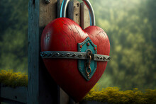 Large Volumetric Red Padlock Heart Hanging On Gate