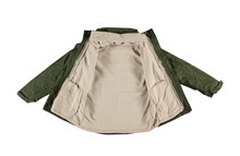 Open Khaki Warm Jacket. Isolated Green Jacket On A White Background. Nobody. Beige, Warm Lining.