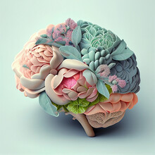 Human Brain With Flowers, Self Care And Mental Health Concept, Positive Thinking, Creative Mind, Generative AI
