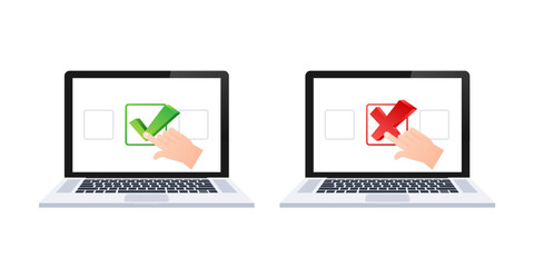 Poster - Cross and check marks on laptop screen. Wrong and right. Vector stock illustration.