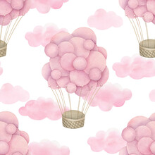Watercolor Cute Seamless Pattern With Pink Hot Air Balloons And Clouds. Hand Drawn Illustration On White Background