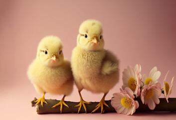 Wall Mural - Cute baby chick against a ink background. Spring and easter background. Generative ai