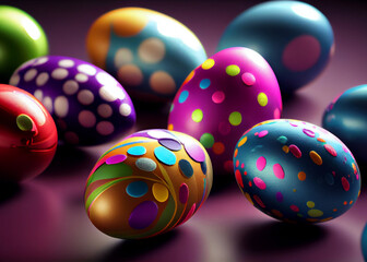 Wall Mural - Many decorated Easter eggs as background, top view. AI Generated