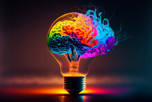 Lightbulb Brain Eureka Moment With Impactful And Inspiring Artistic Colourful Explosion Of Energy. Generative AI, This Image Is Not Based On Any Original Image, Character Or Person.	
