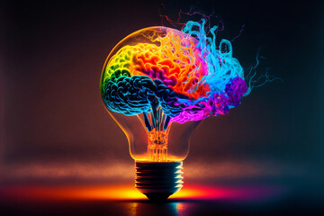 Wall Mural - Lightbulb Brain eureka moment with Impactful and inspiring artistic colourful explosion of energy. Generative AI, this image is not based on any original image, character or person.	
