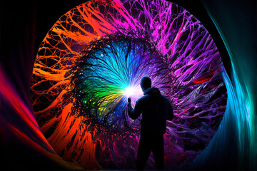 Wall Mural - Silhouetted figure standing in front of a colourful spiritual portal.
Generative AI, this image is not based on any original image.