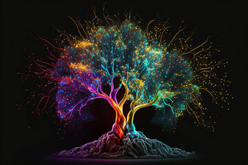 Abstract colourful paint explosion forming a tree.	
Generative AI, this image is not based on any original image.