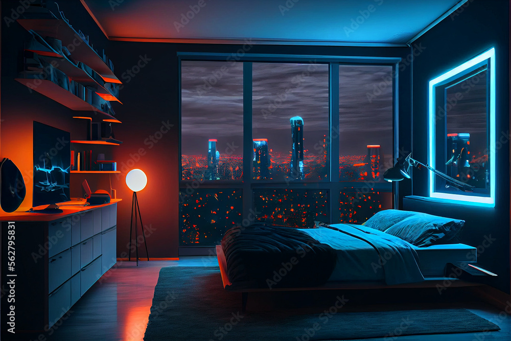 Modern bedroom interior with neon lights glowing ambient in the evening ...