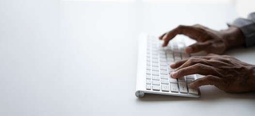 Hand typing message on keyboard laptop chatting friend search information form internet while working on computer concept for technology device contact communication business people.