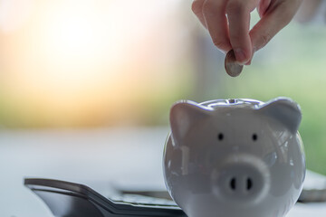 Female hand putting coin into pig to save money and finance concept. savings concept.