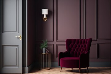Wall Mural - Dark wine velvet maroon armchair and light wooden floor. Generative ai