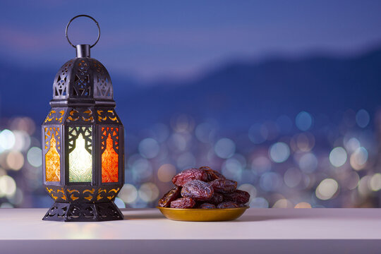 holy month of ramadan concept. righteous muslim lifestyle. ramadan lantern (fanous), dates.. mountai