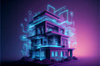 © LETSROCK - Modern smart home, against the background high-rise buildings. Development architecture computer systems of smart building. Hologram of the smart home is isolated on blue background, Generated ai