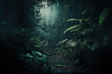 Wall Mural - Night tropical jungle background. Atmospheric rainforest. AI	